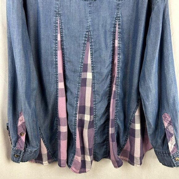 Billy T Love You To Pieces Shirt Women XL Blue Purple Chambray Denim Plaid Boho - Picture 13 of 15